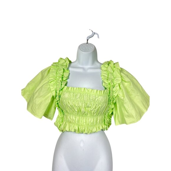 Zara Lime Green Smocked Ruffle Poplin Crop Top With Flutter Sleeves XS - Picture 2 of 13
